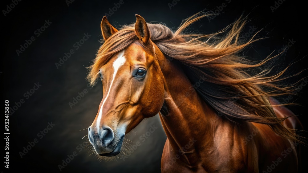 Fototapeta premium Majestic brown horse's head in close-up, gleaming eyes and flowing mane captured in high-contrast black and white photography, symbolizing freedom and elegance.