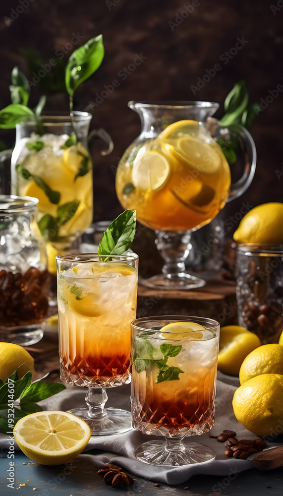 A vibrant display of refreshing drinks on a table. Each drink is garnished with lemon slices and some have additional fruit. A vibrant display of refreshing drinks on a table. Each drink is garnished with lemon slices and some have additional fruit.