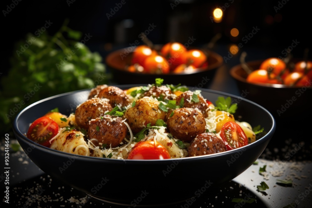 Superior view of a tasty meal of potatoes with meatballs and tomatoes on the dar, generative IA Superior view of a tasty meal of potatoes with meatballs and tomatoes on the dar, generative IA