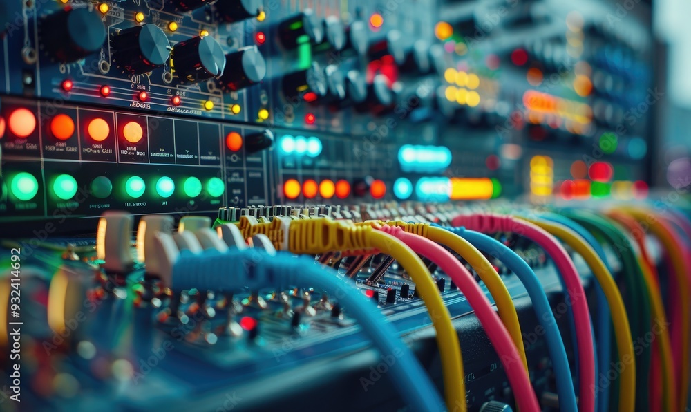 Close-Up of a Modular Synth Panel with Detailed Knobs, Dials, and Cables Close-Up of a Modular Synth Panel with Detailed Knobs, Dials, and Cables