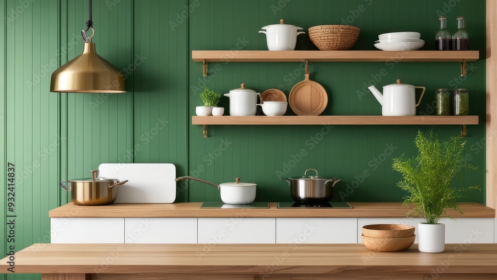 Green wall paneling with wooden shelves in the kitchen space