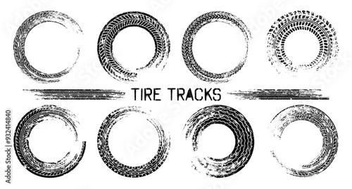 Grunge circle tire tracks, wheel braking marks. Truck, car or motorcycle tread pattern silhouettes. Auto race, motorsport, speed racing design element. Vector illustration