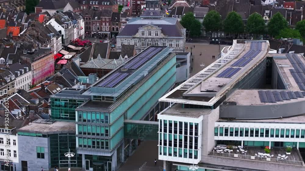 Mosae Forum and enchanting mix of contemporary and traditional architecture in Maastricht, Netherlands. Picturesque streets and buildings from above Mosae Forum and enchanting mix of contemporary and traditional architecture in Maastricht, Netherlands. Picturesque streets and buildings from above