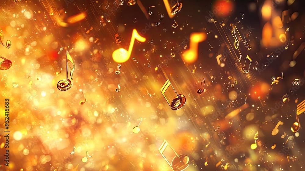 An abstract background filled with flying musical notes and keys ...