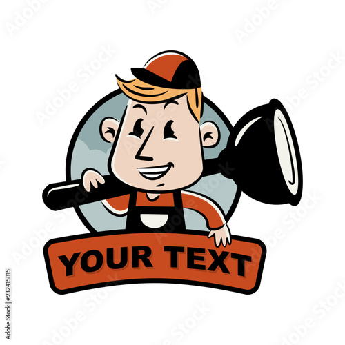 Cartoon plumber mascot holding a plunger with room for text.