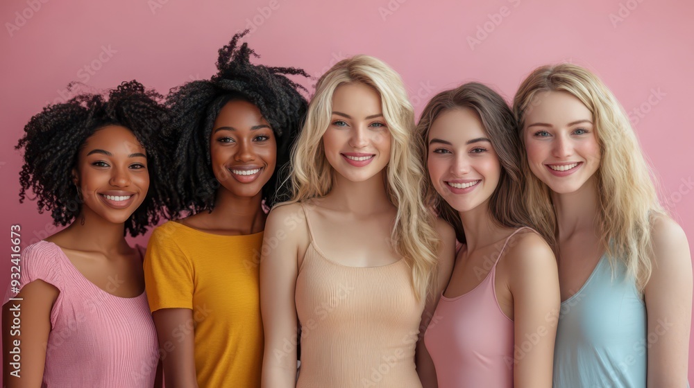 Fototapeta premium Group of young women smiling against a pink backdrop at a photo shoot