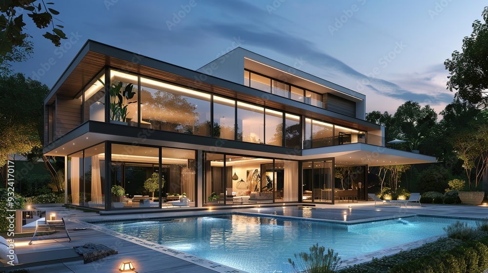 Modern house with large windows and a pool, illuminated at dusk. Modern house with large windows and a pool, illuminated at dusk.