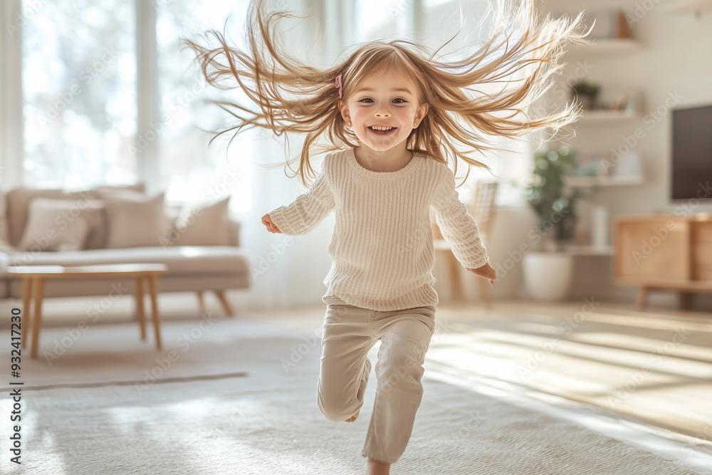 Little Girl Running and Smiling in a Living Room Little Girl Running and Smiling in a Living Room