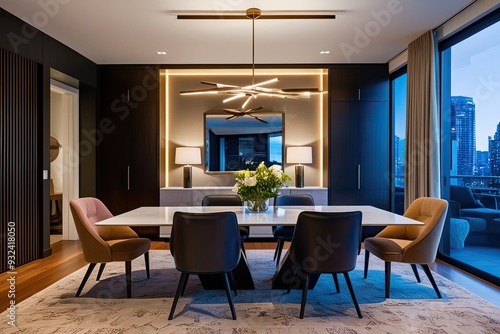 Sophisticated Urban Living Room Design Featuring Modern Dining Table and Stylish Designer Chairs