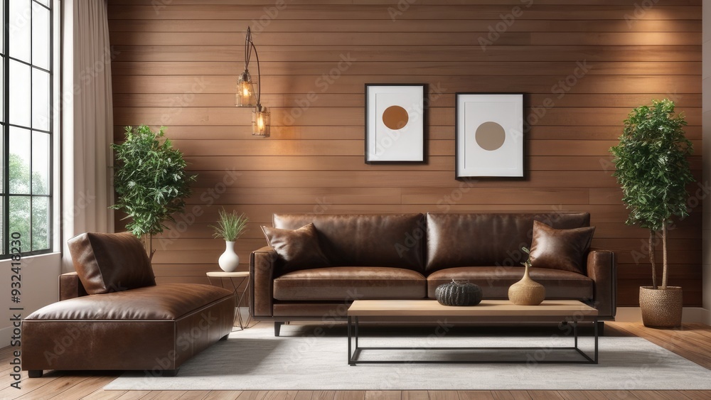 interior living room wall mockup with leather sofa and decor on wooden wall background interior living room wall mockup with leather sofa and decor on wooden wall background