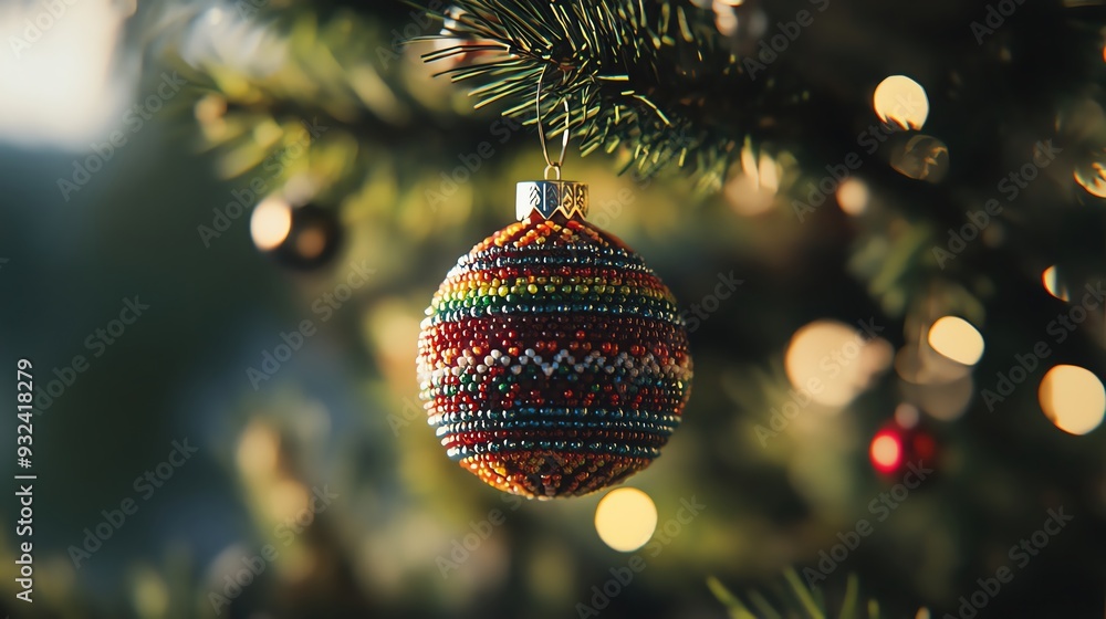 Obraz premium Colorful ornament hangs from a festive Christmas tree, reflecting holiday spirit with warm bokeh lights in the background.