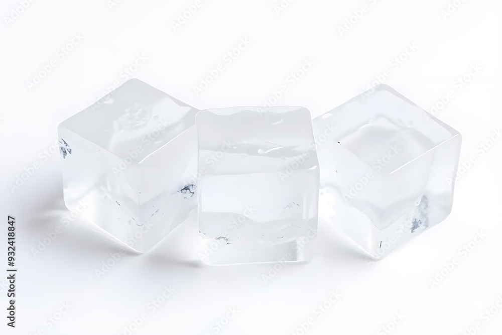 Clear ice cubes on a white background, showcasing their transparent and glossy surfaces with reflections. Clear ice cubes on a white background, showcasing their transparent and glossy surfaces with reflections.