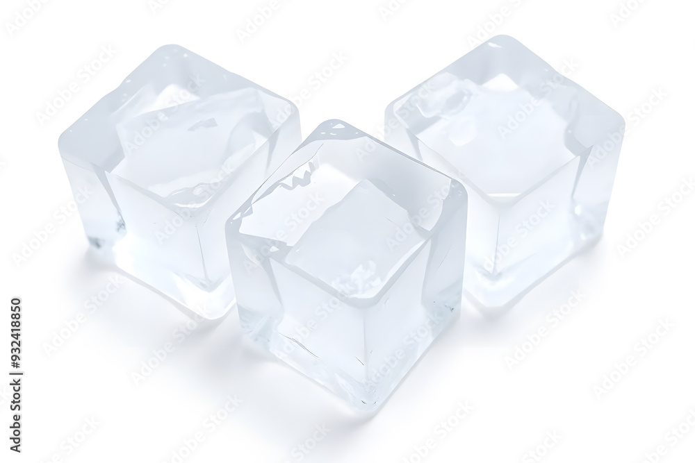 Clear ice cubes on a white background, showcasing their transparent and glossy surfaces with reflections. Clear ice cubes on a white background, showcasing their transparent and glossy surfaces with reflections.