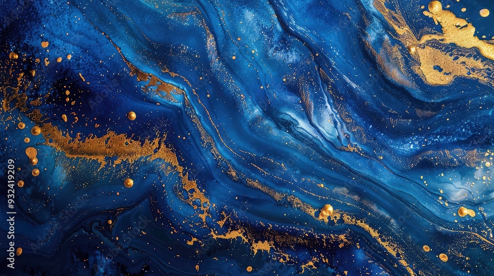 Abstract art with blue and gold paint swirls and glitter. Abstract art with blue and gold paint swirls and glitter.