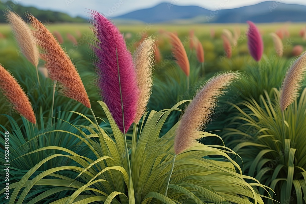 Obraz premium 3D Visualization of Poa Labillardieri Grass Highlighting Lush Textures and Rich Biodiversity