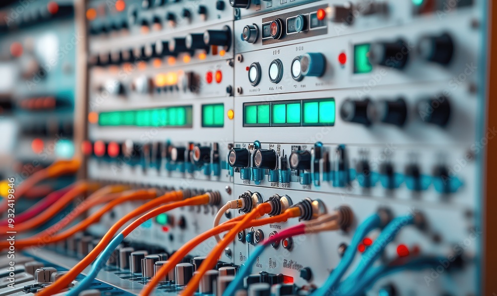 Close-Up of a Modular Synth Panel with Detailed Knobs, Dials, and Cables Close-Up of a Modular Synth Panel with Detailed Knobs, Dials, and Cables