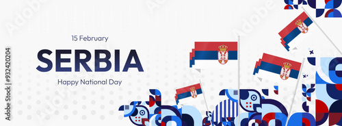 Serbia National Day Banner in creative geometric style. Wide banner suitable for independence greeting card and more event backgrounds with Serbian flag. 15th February. Happy Statehood Day of Serbia