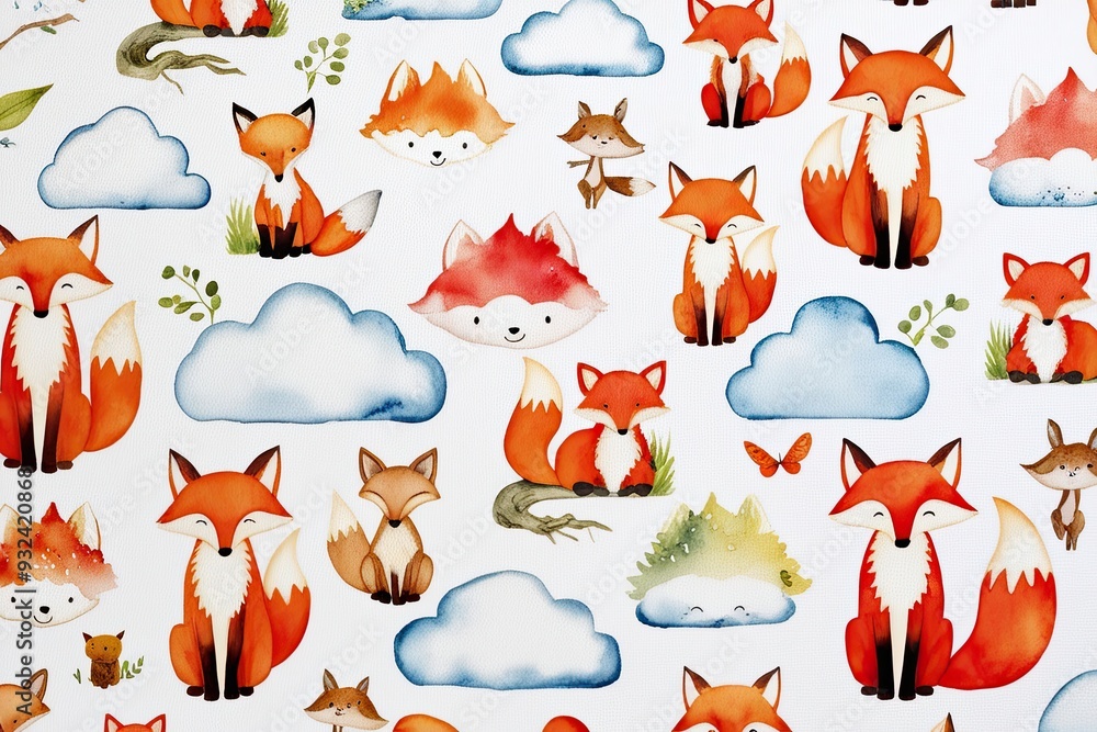 Whimsical Watercolor Design of Happy Clouds Baby Foxes and Playful Woodland Creatures on Bright White Canvas Whimsical Watercolor Design of Happy Clouds Baby Foxes and Playful Woodland Creatures on Bright White Canvas