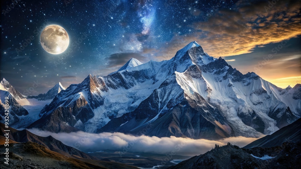 Majestic Mount Everest towers under starry night sky, snow-capped peaks glistening in moonlight, surrounded by dark Himalayan mountains and a serene, icy landscape. Majestic Mount Everest towers under starry night sky, snow-capped peaks glistening in moonlight, surrounded by dark Himalayan mountains and a serene, icy landscape.