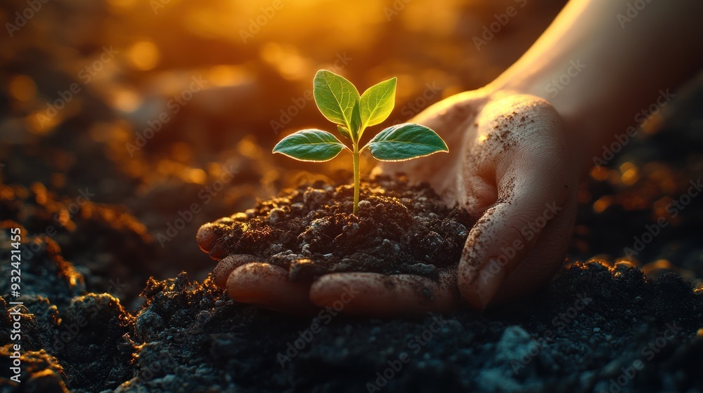 Fototapeta premium Nurturing New Life: A Hand Gently Holds a Sprout in Rich Soil, Bathed in the Warm Glow of Sunset