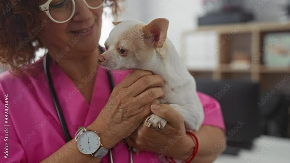 A woman in a veterinary clinic, wearing pink scrubs holds a small chihuahua lovingly, showcasing a caring moment between pet and owner in a professional indoor setting. A woman in a veterinary clinic, wearing pink scrubs holds a small chihuahua lovingly, showcasing a caring moment between pet and owner in a professional indoor setting.