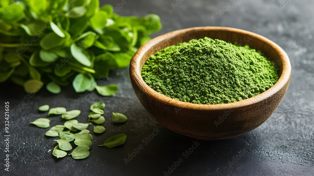 A wooden bowl filled with green moringa powder, with fresh moringa leaves in the background on a black surface. A wooden bowl filled with green moringa powder, with fresh moringa leaves in the background on a black surface.