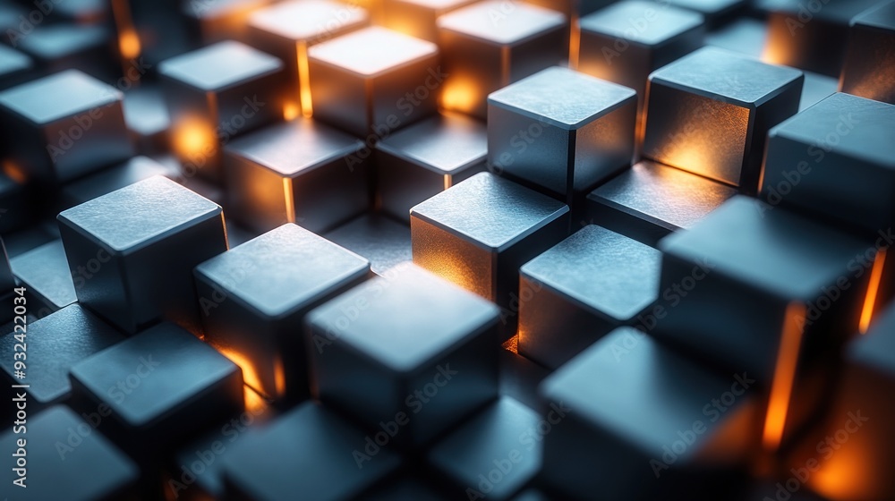 Abstract Metallic Cubes Illuminated by Warm Light Abstract Metallic Cubes Illuminated by Warm Light
