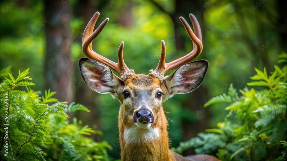 Majestic white-tailed deer with large brown eyes and gentle expression stands amidst lush green forest undergrowth, showcasing its impressive antlers and coat. Majestic white-tailed deer with large brown eyes and gentle expression stands amidst lush green forest undergrowth, showcasing its impressive antlers and coat.