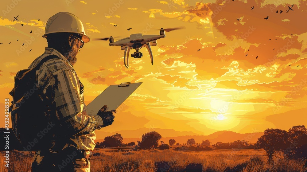 Fototapeta premium A man is standing in a field with a clipboard and a drone