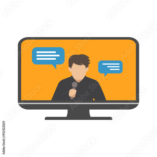 Young Male News Reporter Talking With A Handheld Microphone In Live Broadcast. Anchorman flat design