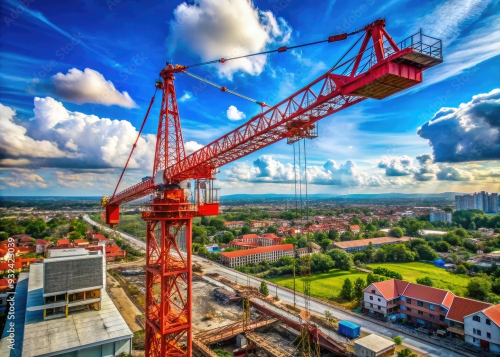 Massive red crane dominates the construction site, lifting heavy materials against a vibrant blue sky, capturing the bustling development in Bekasi, Indonesia. Massive red crane dominates the construction site, lifting heavy materials against a vibrant blue sky, capturing the bustling development in Bekasi, Indonesia.