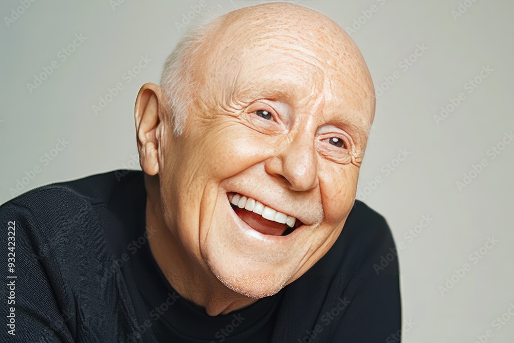An elderly man shares a joyful laugh in a soft-lit studio setting, exuding warmth and charm An elderly man shares a joyful laugh in a soft-lit studio setting, exuding warmth and charm