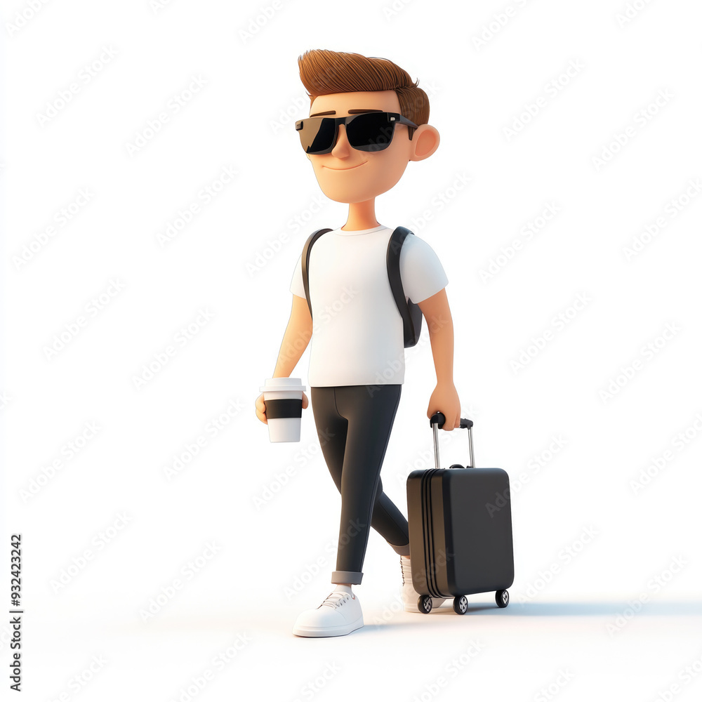 a man wearing a T-shirt and sunglasses, walking with a suitcase, and holding a coffee cup a man wearing a T-shirt and sunglasses, walking with a suitcase, and holding a coffee cup