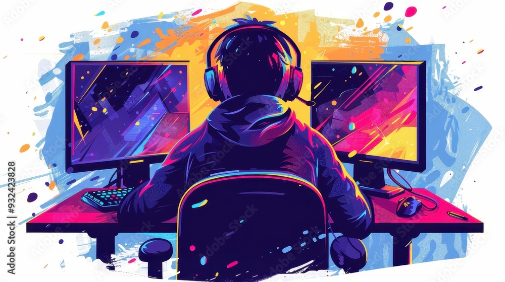Obraz premium A man is sitting in front of two computer monitors, wearing headphones