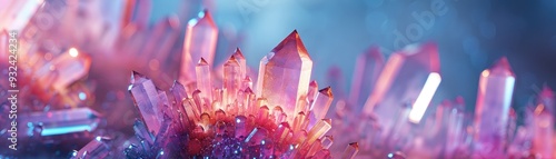 A stunning close-up of vibrant pink crystals, capturing the beauty and reflection of light on their surfaces. photo