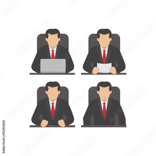 Businessman flat design. CEO or employee of the company with different gestures at the table at work.