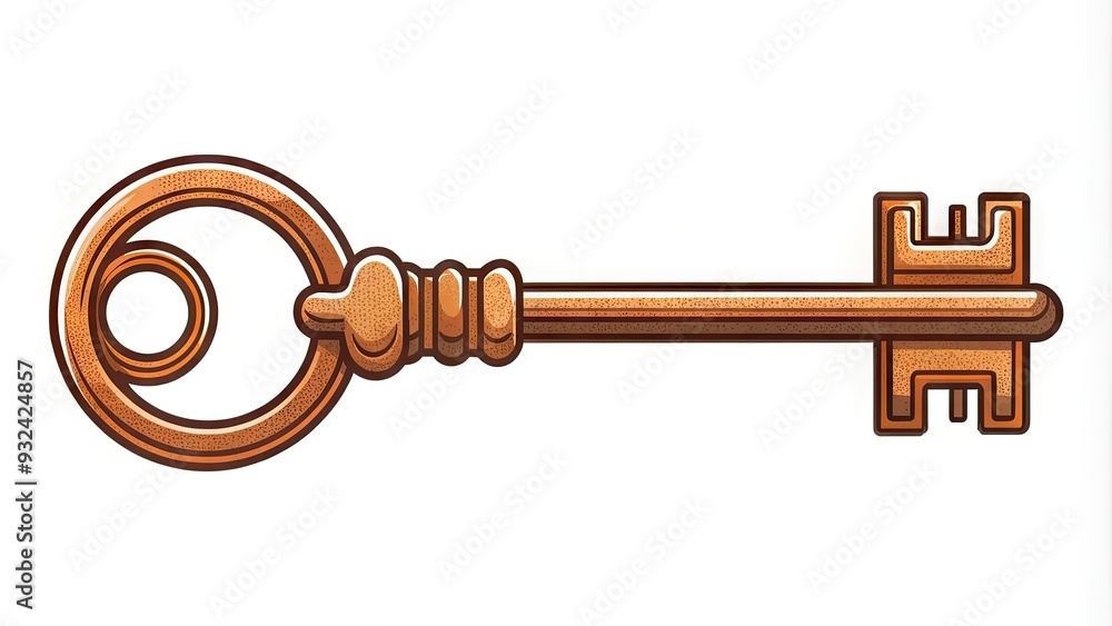 Minimalist illustration of a single old rusty key in a bold line art style on a crisp white background, conveying simplicity and elegance. Minimalist illustration of a single old rusty key in a bold line art style on a crisp white background, conveying simplicity and elegance.