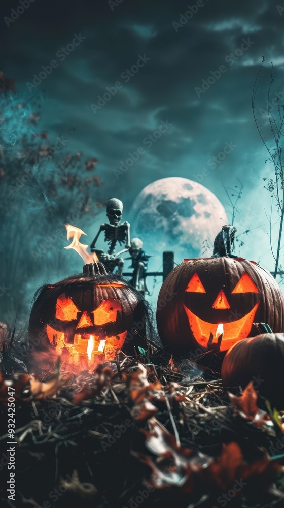Flaming pumpkins illuminate a haunted scene as skeletal figures move amid the darkness on Halloween night Flaming pumpkins illuminate a haunted scene as skeletal figures move amid the darkness on Halloween night