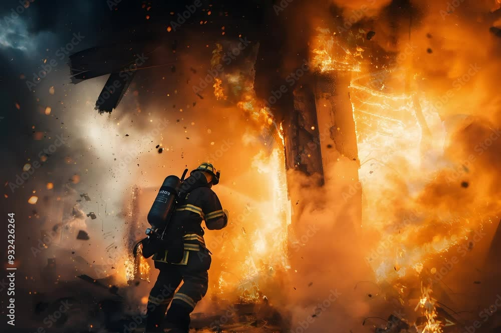 firefighters in action amidst the flames extinguishing the fire firefighters in action amidst the flames extinguishing the fire