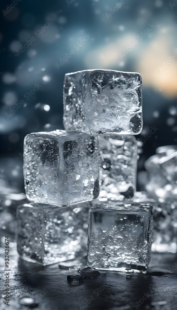 A close-up of stacked ice cubes with water droplets, creating a refreshing and cool atmosphere. The background features a soft gradient with sparkling light effects, enhancing the icy theme. A close-up of stacked ice cubes with water droplets, creating a refreshing and cool atmosphere. The background features a soft gradient with sparkling light effects, enhancing the icy theme.