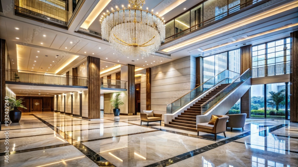 Fototapeta premium Modern Chinese business lobby with sleek marble floors, elegant chandeliers, and a stunning staircase, exuding luxury, sophistication, and professionalism in a corporate setting.