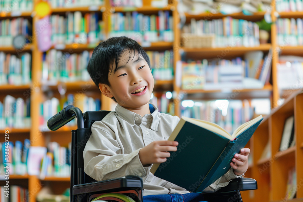 図書館で本を読む車椅子のアジア人の子供 図書館で本を読む車椅子のアジア人の子供