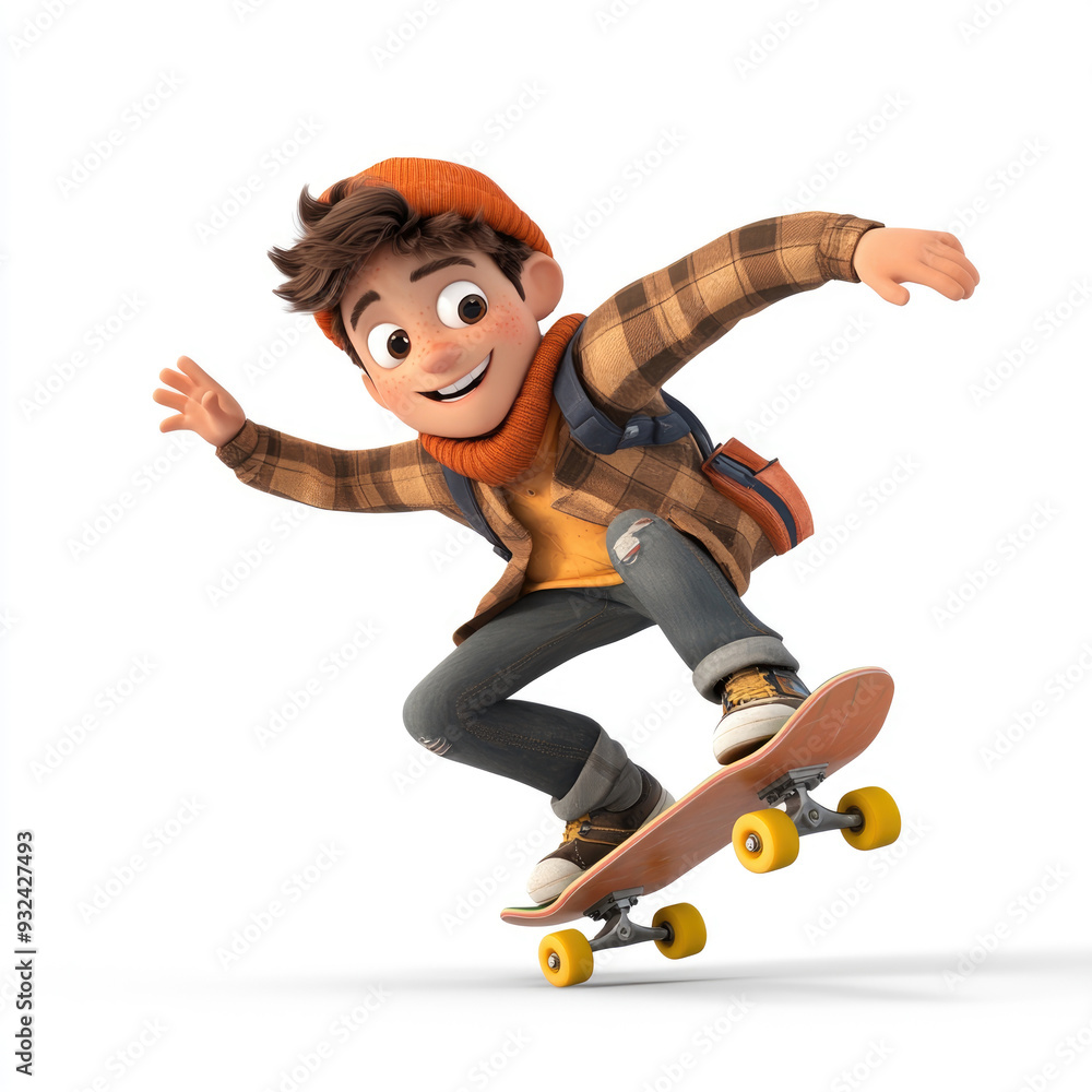 3D cartoon, a boy playing skateboard. on a solid white background