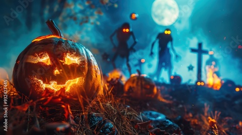 Flaming pumpkins illuminate a dark graveyard as zombies emerge, creating a haunting atmosphere for Halloween