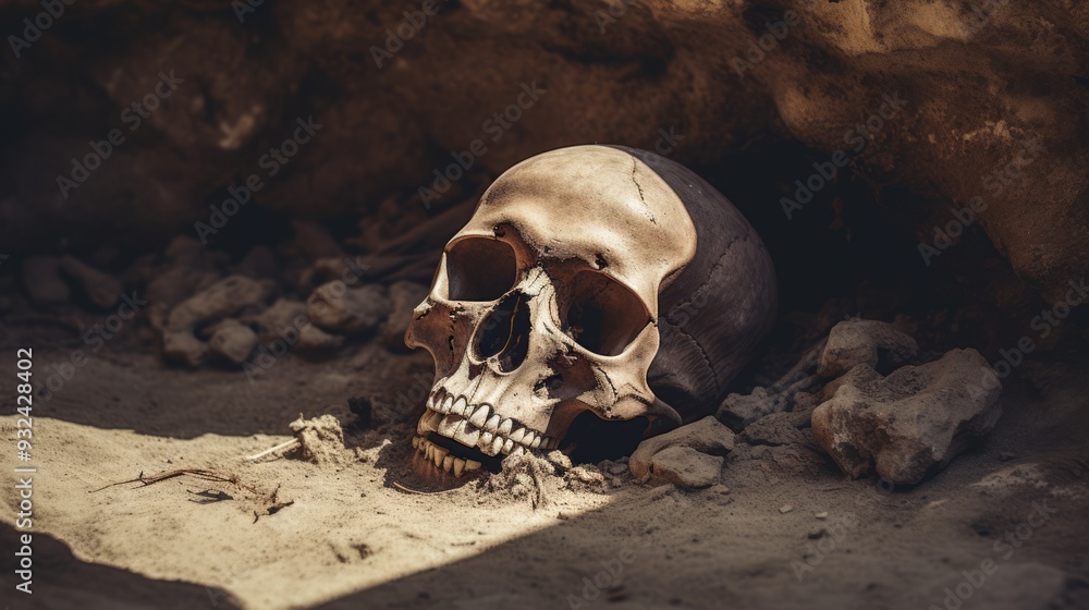 Old human skull in grounds of dark ancient place. Neural network ai generated art Old human skull in grounds of dark ancient place. Neural network ai generated art