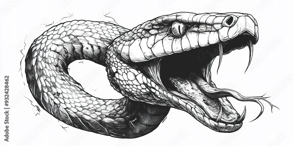 Obraz premium Black and white illustration of a fierce, open-mouthed snake with details. Perfect for tattoo design, art prints, and graphic projects. 