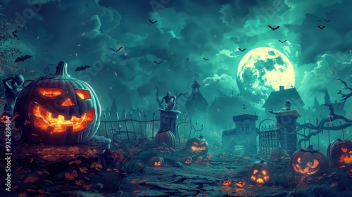 Flaming pumpkins illuminate a creepy graveyard as zombies roam beneath a full moon