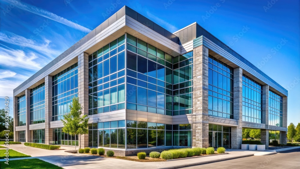 Modern gray stone office building front facade with large glass windows, steel frame, and geometric patterns, set against a clear blue sky. Modern gray stone office building front facade with large glass windows, steel frame, and geometric patterns, set against a clear blue sky.