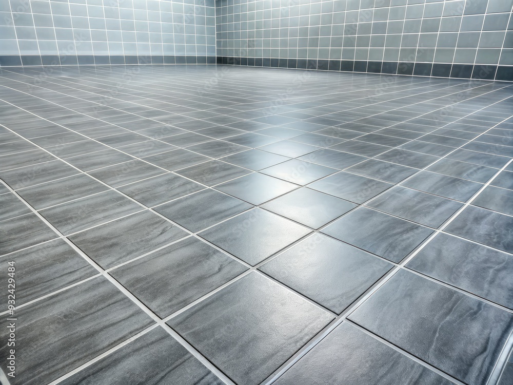 Modern grey tile floor background in perspective view featuring a grid line texture, perfect for decoration in bathroom, kitchen, or laundry room, with empty copy space. Modern grey tile floor background in perspective view featuring a grid line texture, perfect for decoration in bathroom, kitchen, or laundry room, with empty copy space.