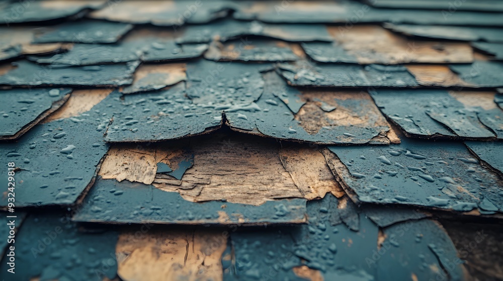 Hail-damaged roof with dented metal flashing and loose shingles, water leaks visible, emphasizing the loss of waterproof protection Hail-damaged roof with dented metal flashing and loose shingles, water leaks visible, emphasizing the loss of waterproof protection